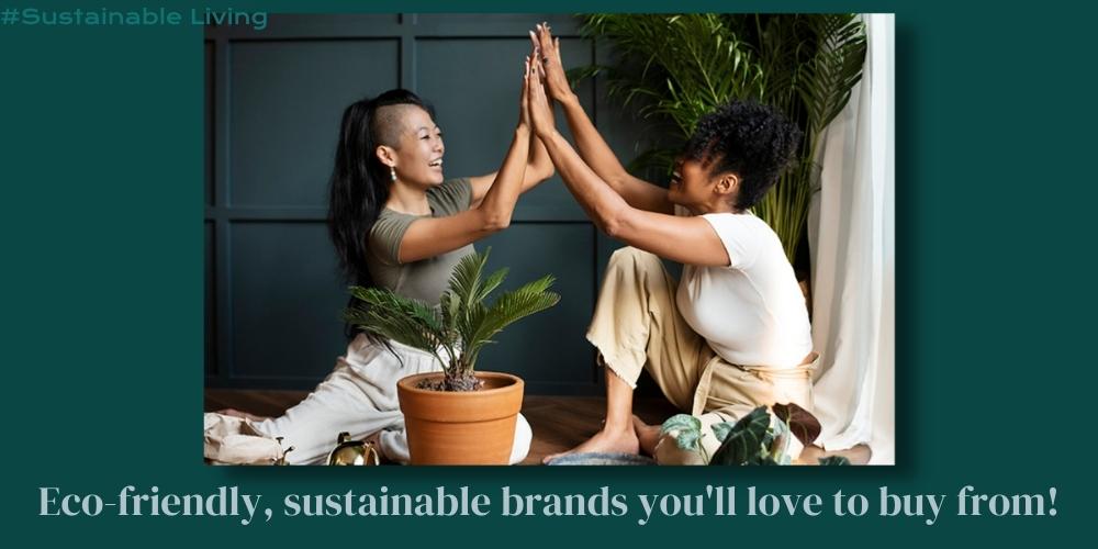 Photo of two women sitting on wood floor with potted plants, giving each other a high five. Text on the image says, "Eco-friendly, sustainable brands you'll love to buy from!"