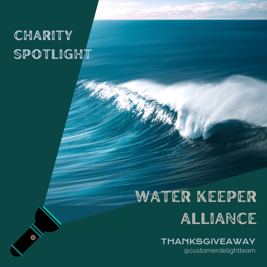 Illustration of a flashlight and beam of light that is revealing a photo of a dark blue, curling ocean wave and the words, "Charity Spotlight: Water Keeper Alliance".