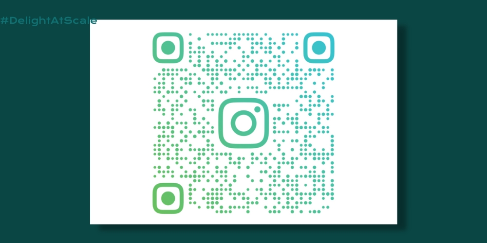 Image of an Instagram QR code on a white background and the words "Delight At Scale" written across it in green text.
