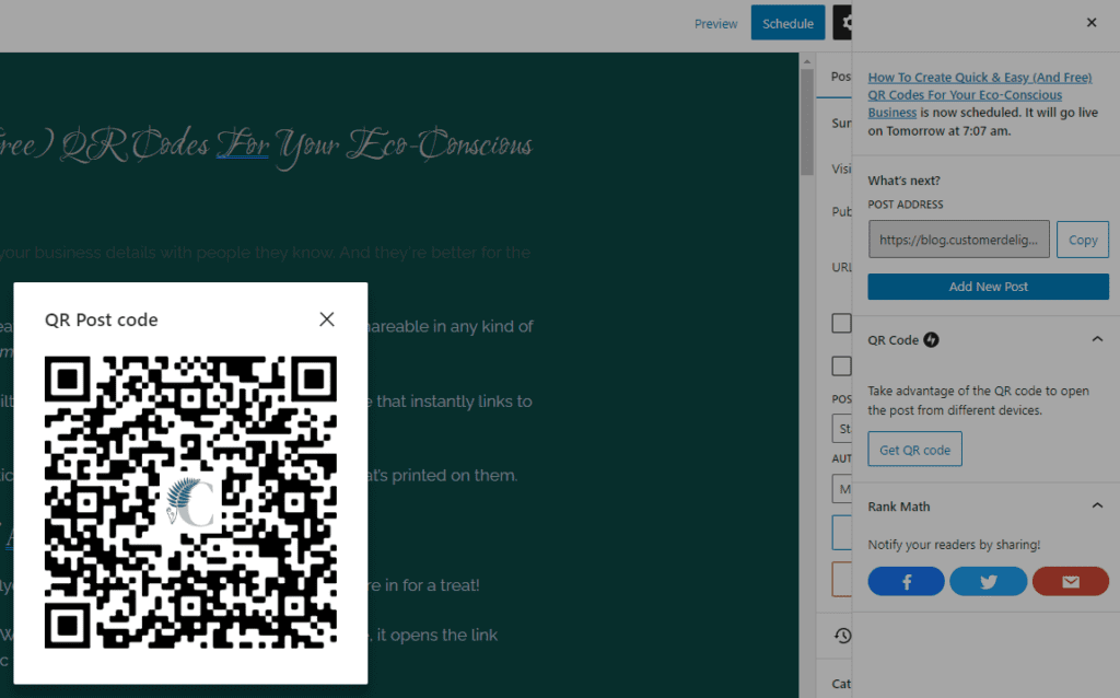 Screenshot of a QR code overlaid on top of the WordPress post editor with the Jetpack menu open on the right side of the page.