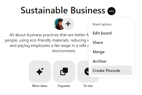 Screenshot of our Sustainable Business board on Pinterest, showing the dropdown menu for creating a QR code called a Pincode.