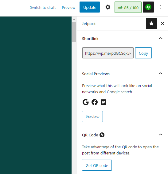 Screenshot of the Jetpack menu open on the right side of the WordPress post editor which shows the share buttons including the button to download a QR code for this post.