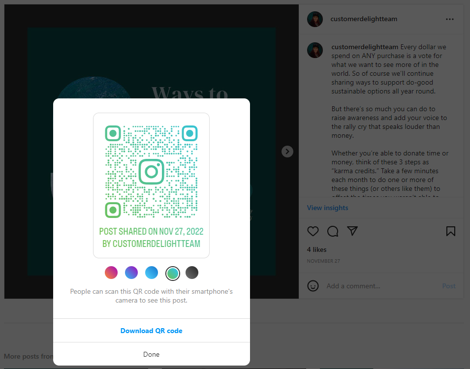 Screenshot of a green QR code overlaid on top of an Instagram post.