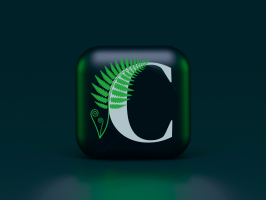 illustration of an icon with the Fern CX logo: a green fern frond curling around the curve of a silver letter C.