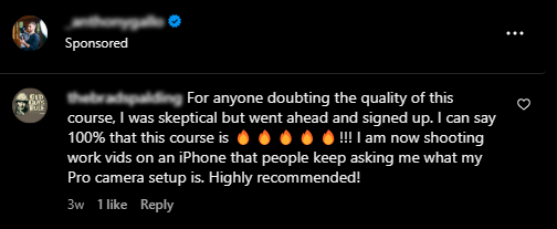 Screenshot of a social media ad that shows this is a sponsored post with a comment from a happy customer. The comment is specific about their success and how this course helped them get those results.