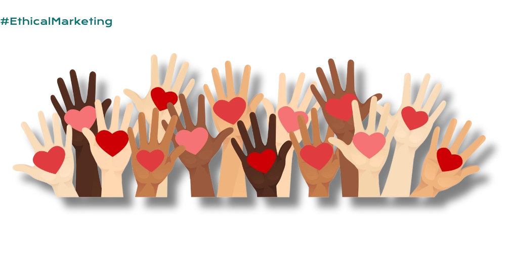 an illustration of many hands raised together from different ethnic backgrounds, each one open wide with a red heart on the palm, representing happy customers who refer everyone they know and do the marketing for you. Image includes the hashtag #EthicalMarketing aka ethical marketing.