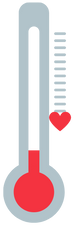 An illustration of a thermometer indicating a warm temperature (one heart on the scale), representing warm leads in a sales process.