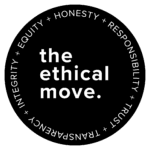 The Ethical Move logo in white text on a black circle with ethical business values written around the edge of the circle: Honesty, Responsibility, Trust, Transparency, Integrity, Equity.