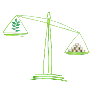 an illustration of a traditional scale made of bamboo with the stack of money on the left side and the branch on the right side, representing ethical businesses weighing decisions based on profits and impact.