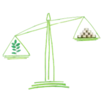 an illustration of a traditional scale made of bamboo with a branch on the left side and a stack of money on the right side, representing ethical businesses weighing decisions based on profits and impact.