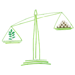 an illustration of a traditional scale made of bamboo with a branch on the left side and a stack of money on the right side, representing ethical businesses weighing decisions based on profits and impact.