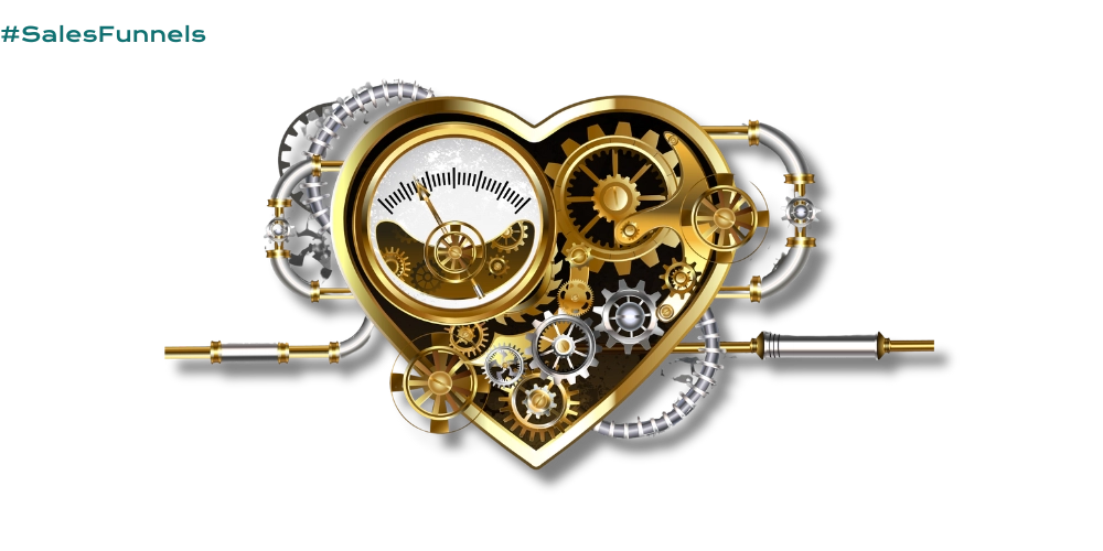 an illustration of a heart made out of gears connecting to a gage with hoses and pipes. The image represents online sales funnels and measuring customer satisfaction after the sale.