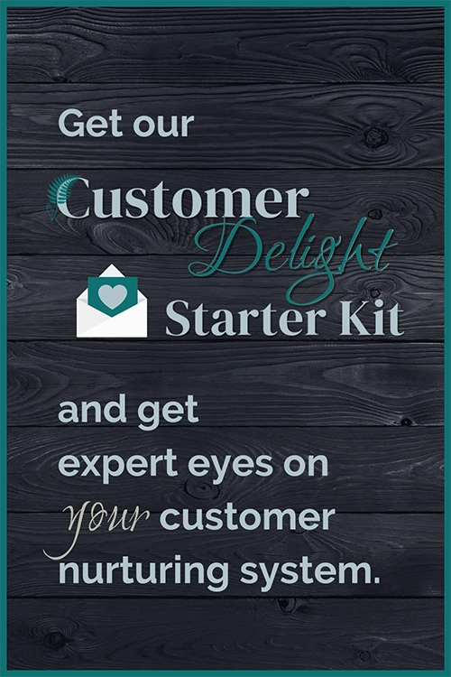 silver text over a dark wooden background that says, "Get our Customer Delight Starter Kit and get expert eyes on your customer nurturing system."