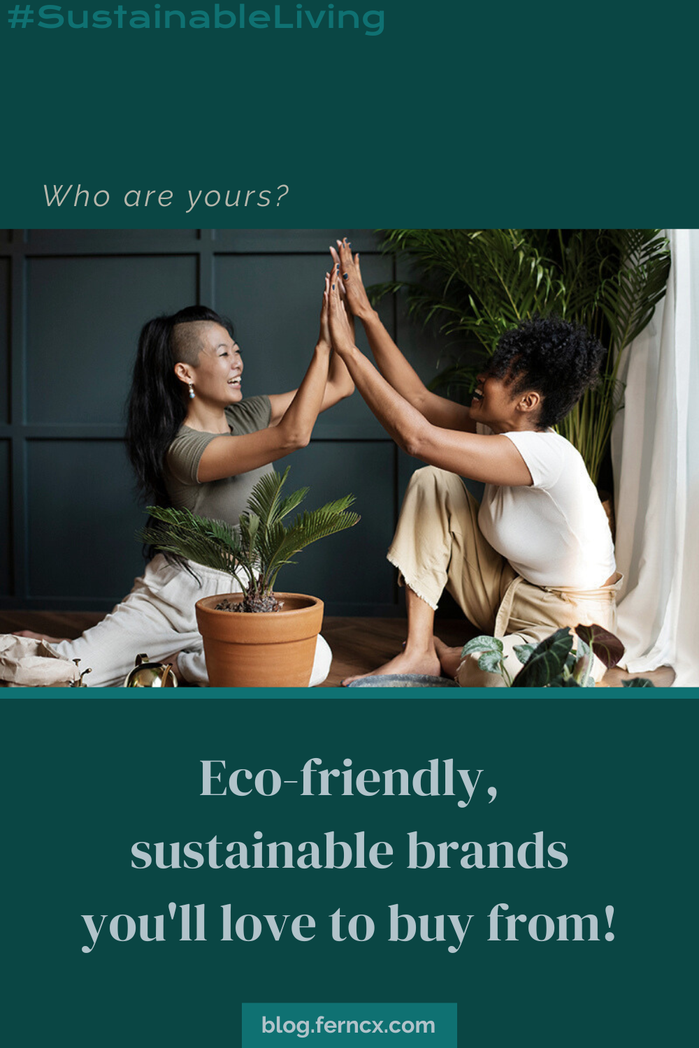 Photo of two women sitting on wood floor with potted plants, giving each other a high five. Text on the image says, "Eco-friendly, sustainable brands you'll love to buy from!"