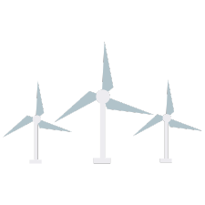 An illustration of 3 modern wind turbines representing clean energy.
