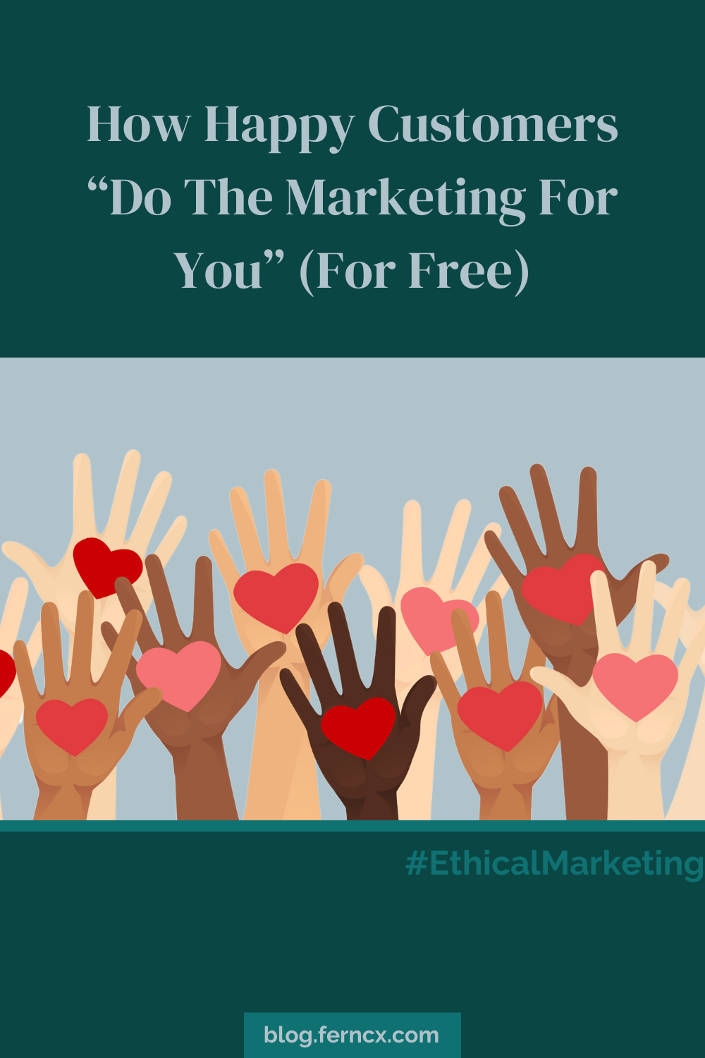 Silver text on green background that says, How Happy Customers Do The Marketing For You (For Free) with an illustration of a crowd of raised hands, each with a heart in the palm representing happy customers.