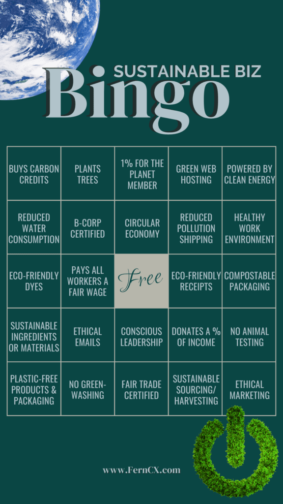 Rows of boxes with text inside them styled like a bingo card and the title text at the top says "Sustainable Biz Bingo." The boxes include different ways a small business can become cleaner, greener, and better for the planet and people.