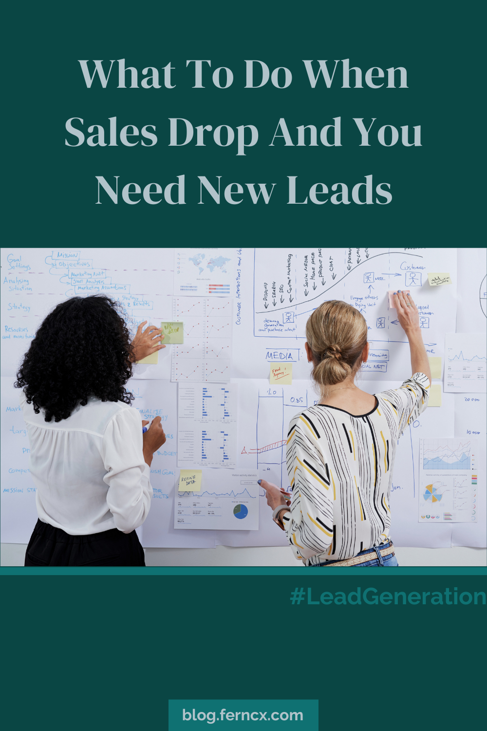 Photo of a wall covered in pages of strategy and charts with 2 women facing the wall and pointing to different things. Above the photo is text that says, "What To Do When Sales Drop And You Need New Leads."